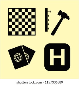 board vector icons set. with hammer nails, chess board, hospital sign and passports in set