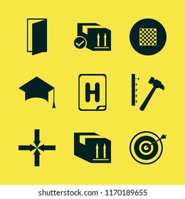 board vector icons set. with hammer nails, arrows center, graduation hat and door open in set