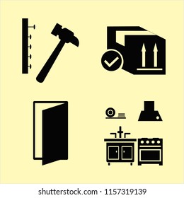 board vector icons set. with kitchen, hammer nails, door open and parcel box in set