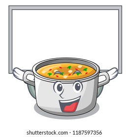 Up board vegetable soup with pasta in pot cartoon