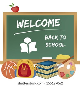 a board welcoming students with a lot of school related stuff