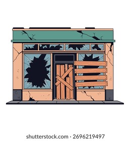 A boarded up and broken storefront displaying signs of neglect and abandonment.