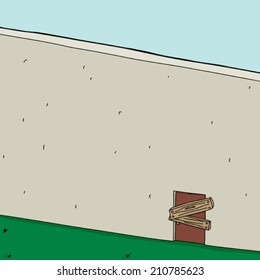 Boarded up door in concrete wall background cartoon