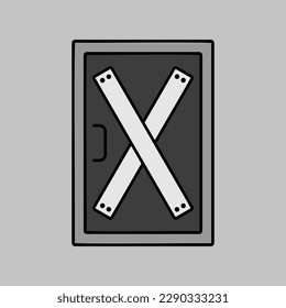 Icono aislado del vector de puerta de subida, instalando tableros en la puerta para evitar el acceso no autorizado, o abandonado. Manifestación, protesta, huelga, revolución