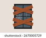 Boarded up window with wooden planks and spiderweb, creepy decoration for haunted house or Halloween night theme, vector flat illustration