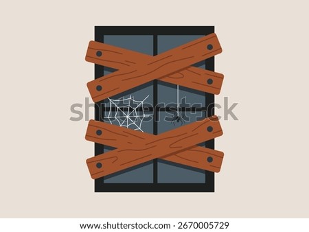 Boarded up window with wooden planks and spiderweb, creepy decoration for haunted house or Halloween night theme, vector flat illustration