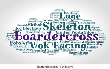 Boardercross. Word Cloud, Italic Font, Grey Gradient Background. Winter Sport