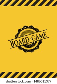 Board-game black grunge emblem, yellow warning sign. Vector Illustration. Detailed.