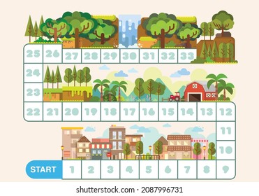 Boardgame with a block path and number on the city, Fun educational, adventure theme maze puzzle for children, Boardgame with hiking children going to the jungle. Family trip activity. Nature outdoor 