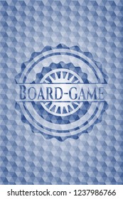 Board-game blue badge with geometric background.