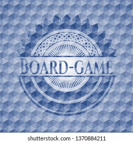 Board-game blue badge with geometric pattern.