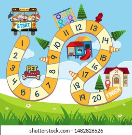 Boardgame design template with children on school bus illustration