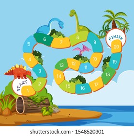 Boardgame design template with dinosaurs illustration