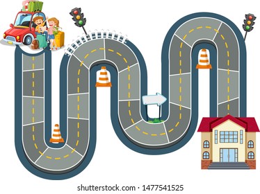 Boardgame design template with family trip on road illustration