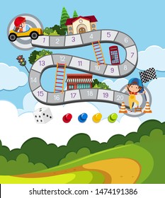 Boardgame design template with kid in racing car illustration