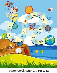 Boardgame design template with rocket and astronaut illustration