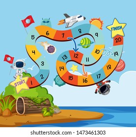 Boardgame design template with spaceship and planets illustration