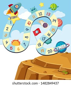 Boardgame design template with spaceship and planets illustration