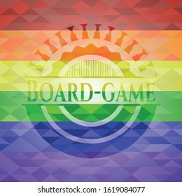 Board-game emblem on mosaic background with the colors of the LGBT flag
