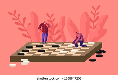 Boardgame Intelligence Recreation, Hobby Concept. Tiny Male Characters Playing Huge Checkers Moving Pieces on Wooden Field. Logic Intellectual Board Game Tournament. Cartoon People Vector Illustration