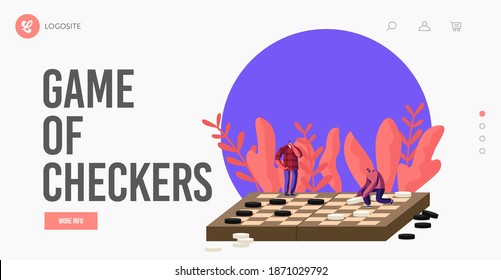 Boardgame Intelligence Recreation, Hobby Landing Page Template. Tiny Male Characters Playing Huge Checkers Moving Pieces on Field. Logic Intellectual Board Game. Cartoon People Vector Illustration