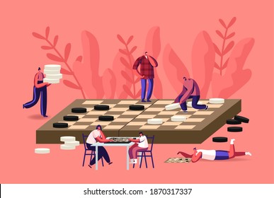 Boardgame Intelligence Recreation, Leisure Or Family Hobby Concept With Tiny Characters Playing Huge Checkers. Board Game Tournament, Logic Intellectual Competition. Cartoon People Vector Illustration