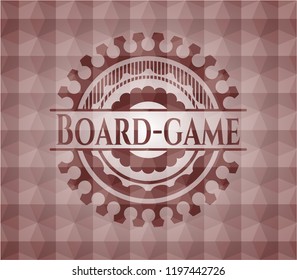 Board-game red emblem or badge with abstract geometric polygonal pattern background. Seamless.