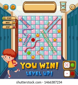 Boardgame of snakes and ladders with boy in locker room illustration