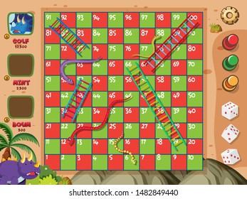 Boardgame with snakes and ladders on red and green squares illustration