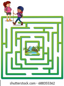 Boardgame template with campers and waterfall illustration