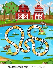 Boardgame template with frogs in pond illustration