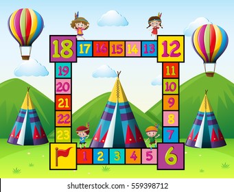 Boardgame template with kids and teepees illustration