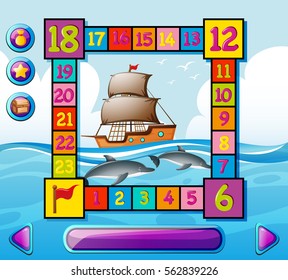 Boardgame template with ship and dolphin at sea illustration