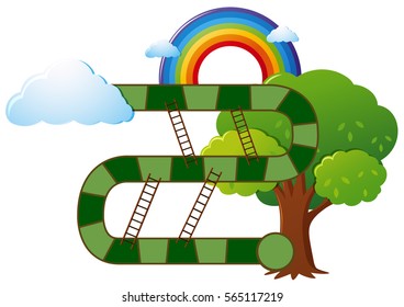 Boardgame-Vorlage mit Baum- und Regenbogenhintergrund