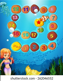 Boardgame template with underwater scene and mermaid