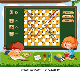 Boardgame with two kids reading book on grass illustration