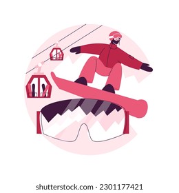 Einboarding abstrakte Konzept Vektorgrafik. Wintersport, Aktivitäten im Freien, Snowboardhelm und -brille, Bergurlaub, Extremsport, Alpin Ski, Freestyle-Reiter, Schneeabstrakte Metapher.