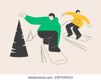 Boarding abstract concept vector illustration. Winter sport, outdoor activity, snowboard helmet and goggles, mountain holiday, extreme sports, alpine ski, freestyle rider, snow abstract metaphor.