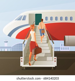 Boarding in airplane composition with man and woman in hat with hand luggage on ladder vector illustration