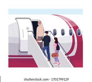 Boarding airplane semi flat vector illustration. People go on ladder to plane. International transit. Airline transportation. Aeroplane passengers 2D cartoon characters for commercial use