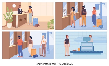 Juego de ilustraciones vectoriales de color plano de embarque y protección. Reserva billetes de avión, habitación en el hotel. Personajes de dibujos animados 2D totalmente editables con colección interior de terminal de aeropuerto en segundo plano