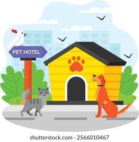 boarding for dogs and other domesticated animal concept, Doggy, Kitty and Birds at Jungle vector design, Pet foster and hotel Symbol, kennel animals Sign, Human-animal interaction scene illustration