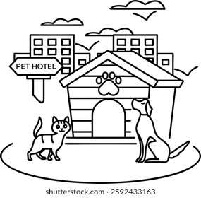 boarding for dogs and other domesticated animal outline concept, Doggy, Kitty and Birds at Jungle vector design, Pet foster and hotel Symbol, kennel animals Sign, Human-animal interaction illustration