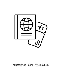 Boarding flight pass icon in flat black line style, isolated on white background 