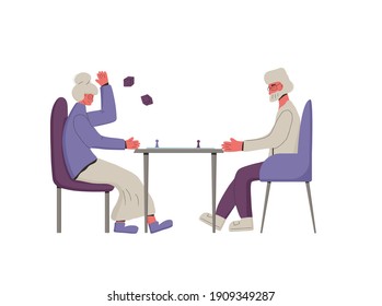 Boarding Game. Senior People Spend Time Together. Mature Man An Woman Playing A Table Game. Friends Staycation. Vector Color Illustration.