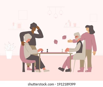 Boarding Game. Senior And Young People Spend Time Together. Mature Man An Woman And Volunteers. Friends Staycation. Vector Color Illustration.