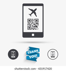 Boarding mobile pass flight sign icon. Airport ticket on smartphone symbol. Flat icons. Buttons with icons. Thank you ribbon. Vector
