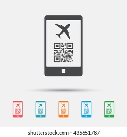 Boarding mobile pass flight sign icon. Airport ticket on smartphone symbol. Graphic element on white background. Colour clean flat boarding pass icons. Vector
