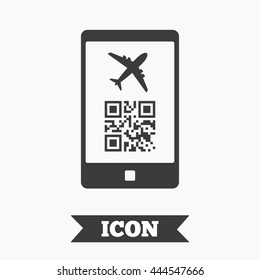 Boarding mobile pass flight sign icon. Airport ticket on smartphone symbol. Graphic design element. Flat boarding pass symbol on white background. Vector