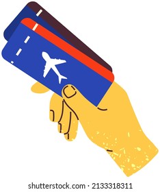 Boarding pass for admission to plane. Person holding tickets for flight on airplane. Air ticket with information about airline in human hand vector illustration. Passenger before travel, vacation trip